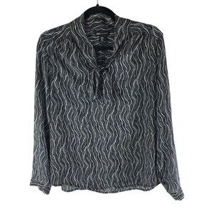 Jones New York Womens Blouse Tie Collar Geometric Polka Dot Black White M